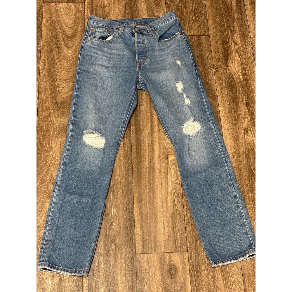 LEVIS 501 BUTTON FLY RIPPED DISTRESSED JEANS WOMENS SIZE 27X30 STRAIGHT Y2K